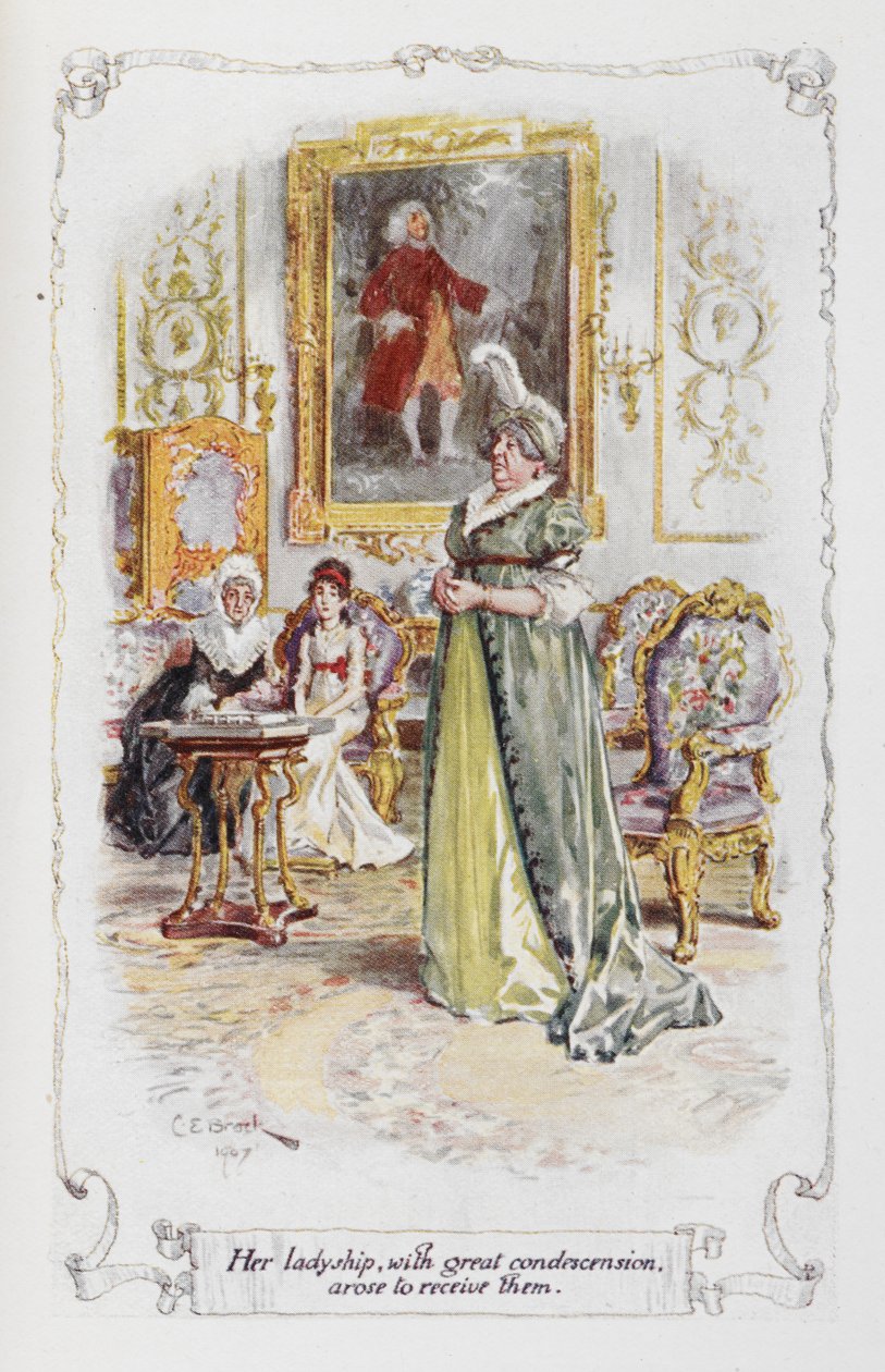 Hänen rouvansa, suurella alentuvalla asenteella, nousi vastaanottamaan ne, kuvitus Jane Austenin teoksesta "Ylpeys ja ennakkoluulo" (värilitho) tekijältä Charles Edmund Brock