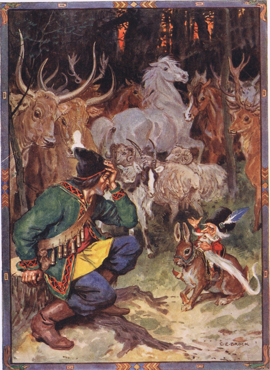 Hei! Hyvä mies, tiedän mikä sinua vaivaa, kohtaus Sur the Eaglesta Moses Gasterin (1856-1939) lastentarinoista Romanian legendoista 1921 tekijältä Charles Edmund Brock