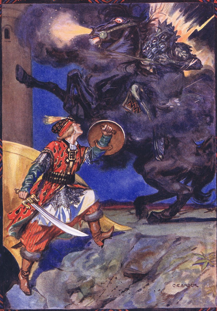 Olen tullut taistelemaan sinua vastaan, rakkaani ryöstäjä, kohtaus Suchna Murgasta Moses Gasterin (1856-1939) lastentarinoista Romanian legendoista 1921 tekijältä Charles Edmund Brock