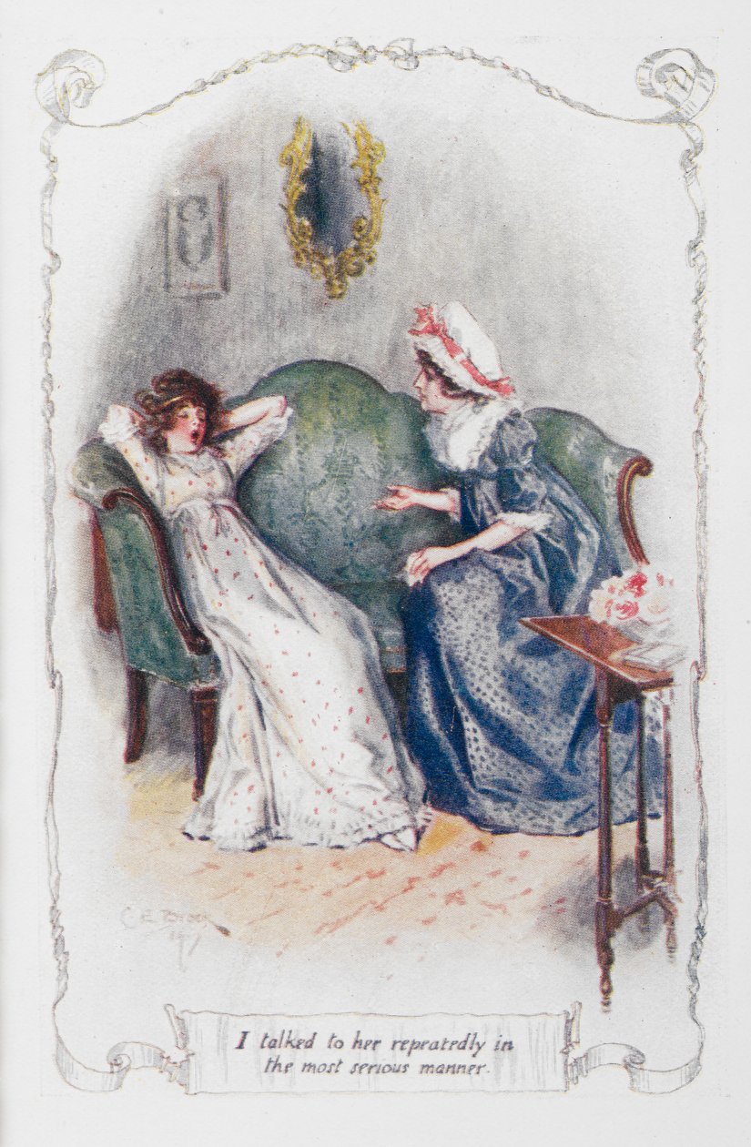 Puhuin hänen kanssaan toistuvasti mitä vakavimmalla tavalla, kuvitus Jane Austenin teoksesta "Ylpeys ja ennakkoluulo" (värilitho) tekijältä Charles Edmund Brock