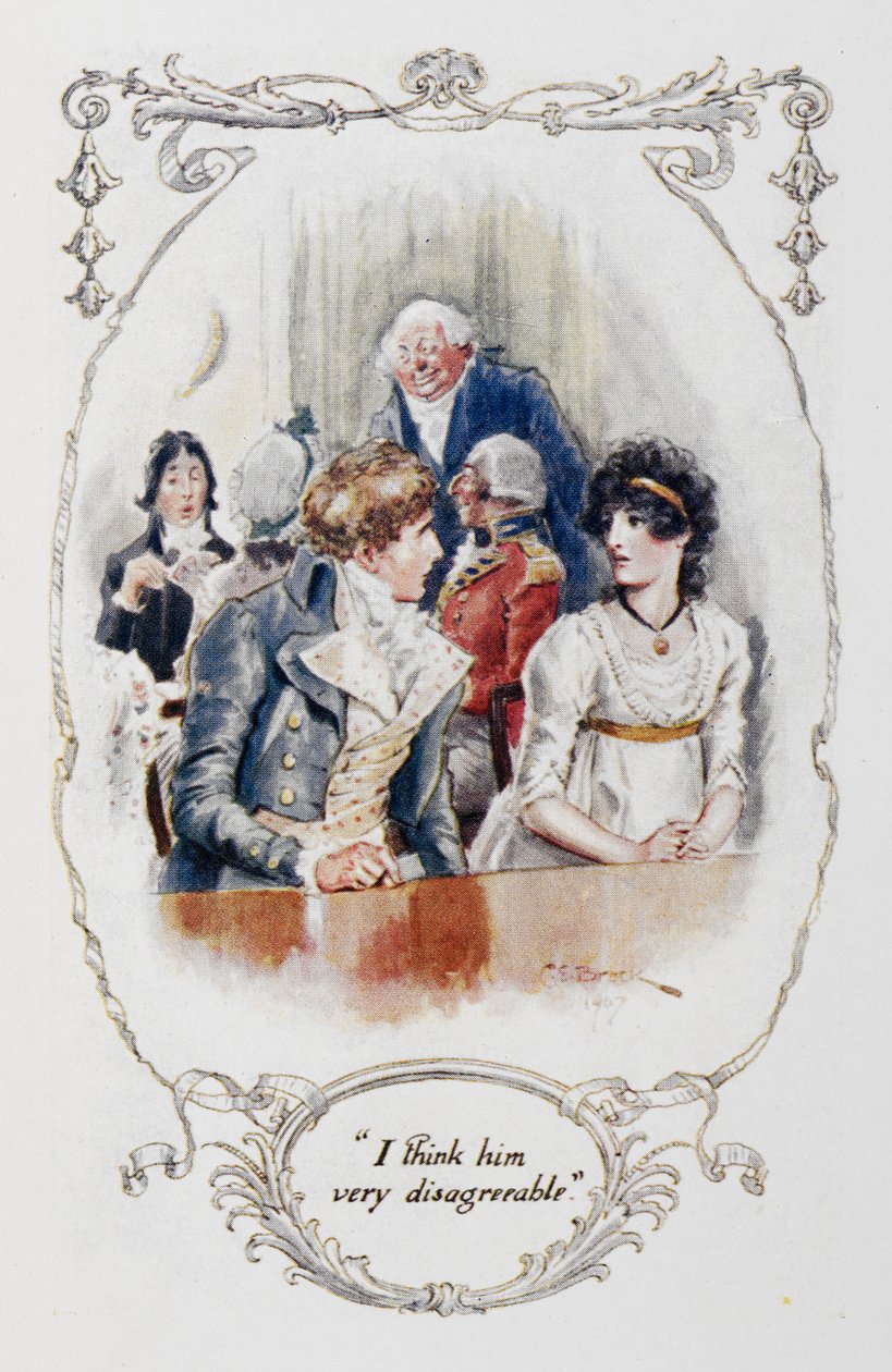 "Mielestäni hän on erittäin epämiellyttävä", kuvitus Jane Austenin "Ylpeys ja ennakkoluulo" -kappaleeseen tekijältä Charles Edmund Brock