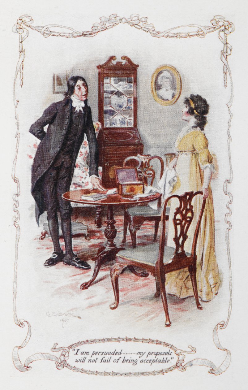"Olin vakuuttunut, että ehdotukseni eivät jää hyväksyttäviksi", herra Collins ja Elizabeth Bennet, kuvitus Jane Austenin teokseen "Ylpeys ja ennakkoluulo" tekijältä Charles Edmund Brock