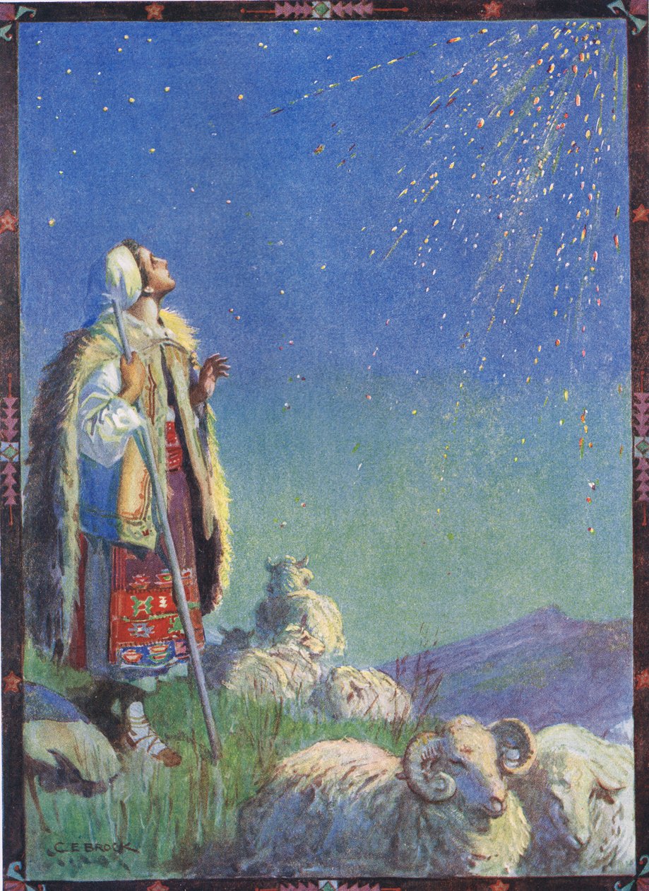Se tuli alas kipinäsuihkuna, kohtaus "The Story of the Firefly" -elokuvasta Moses Gasterin (1856-1939) "Lasten tarinoita Romanian legendoista" 1921. tekijältä Charles Edmund Brock