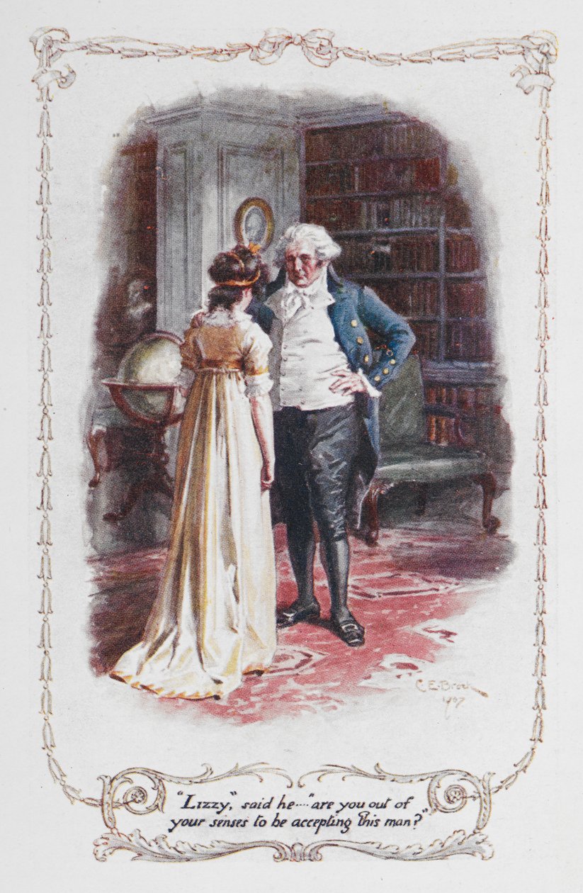 "Lizzy", hän sanoi... "Oletko järkeäsi hyväksyäksesi tämän miehen?", kuva Jane Austenin teoksesta "Ylpeys ja ennakkoluulo" (väri lito) tekijältä Charles Edmund Brock