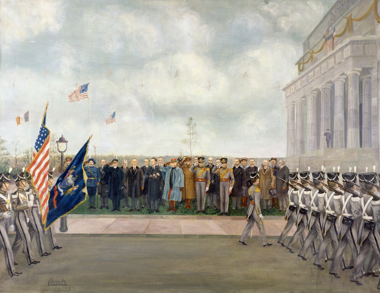Marsalkka Joffre matkalla Washingtoniin tarkastamassa West Pointin opiskelijoita keväällä 1917, kirjoittanut Charles Edmund Brock (1870-1938), ensimmäinen maailmansota, Yhdysvallat, 1900-luku tekijältä Charles Edmund Brock