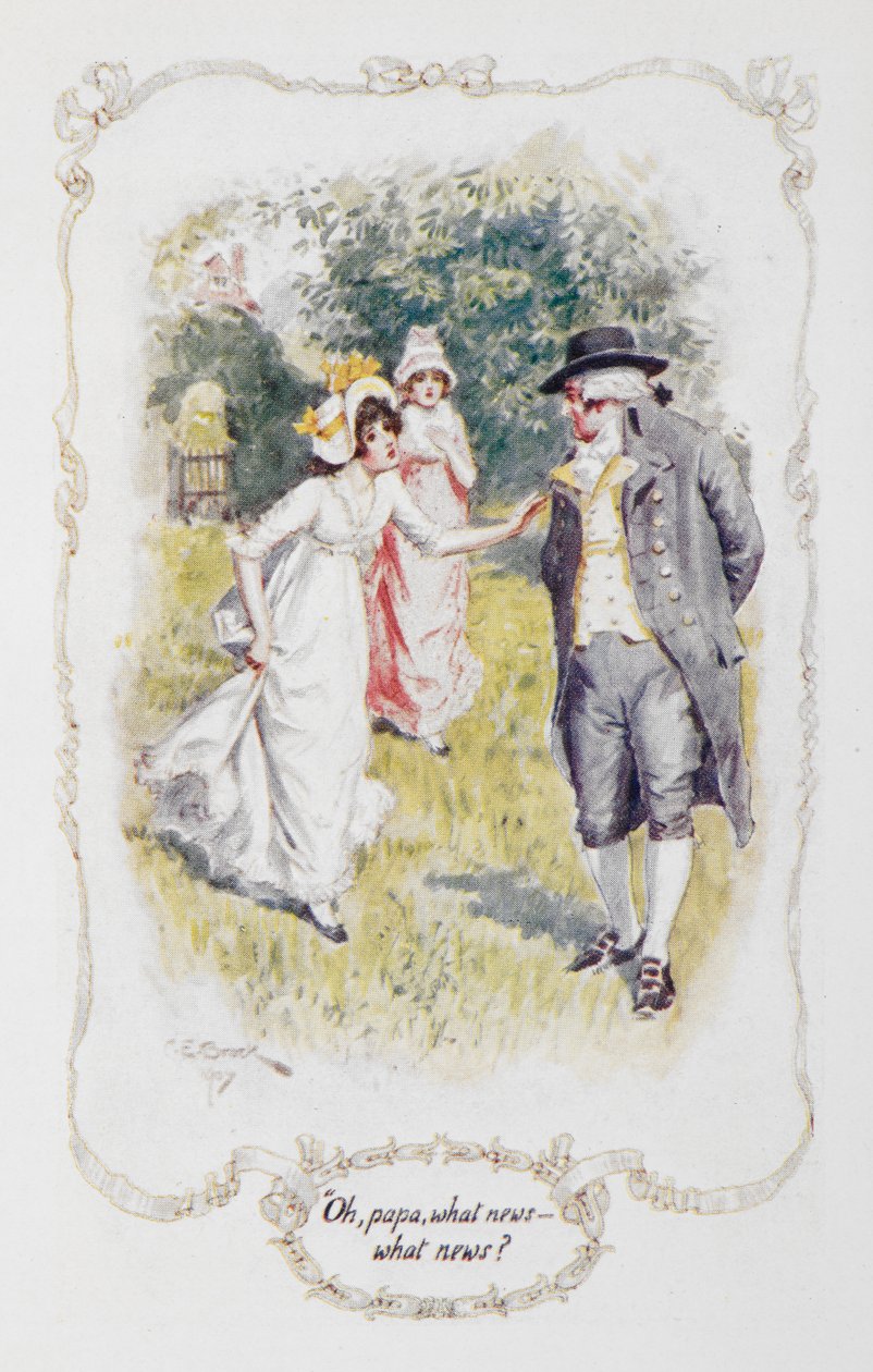 "Voi isä, mitä uutisia - mitä uutisia?", kuva Jane Austenin Pride and Prejudice -kappaleeseen tekijältä Charles Edmund Brock