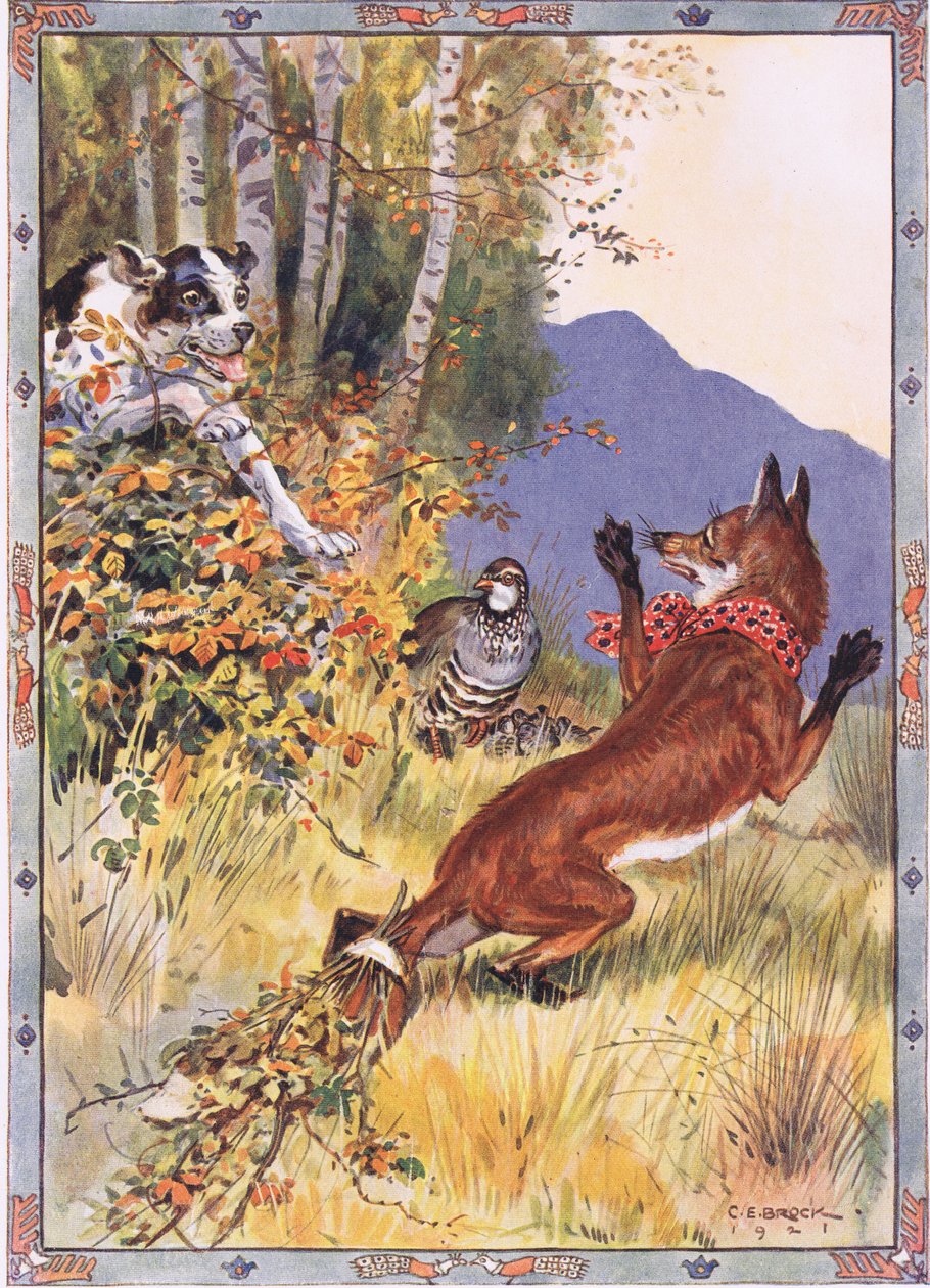 Pensaista nousi koira, kohtaus elokuvasta The Story of the Partridge, the Fox and the Hound in Childrens Stories from Romanian Legends by Moses Gaster (1856-1939) 1921 tekijältä Charles Edmund Brock