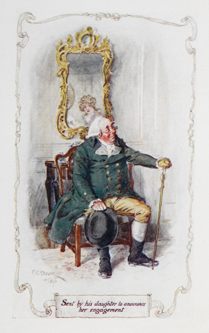 Hänen tyttärensä lähetti ilmoittamaan kihlauksestaan, kuvitus Jane Austenin Pride and Prejudice -teoksesta (värilitho) tekijältä Charles Edmund Brock