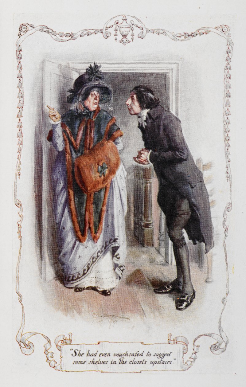 Hän oli jopa vakuuttunut ehdottaessaan hyllyjä yläkerran kaappeihin, kuvitus Jane Austenin teoksesta "Ylpeys ja ennakkoluulo" (värilitho) tekijältä Charles Edmund Brock