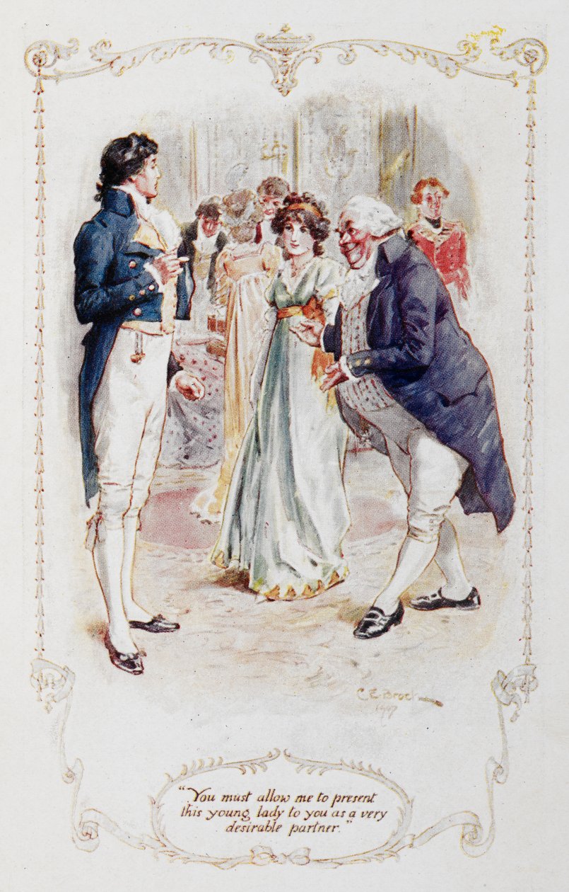 Sir William Lucas: "Herra Darcy, teidän on sallittava minun esitellä tämä nuori nainen teille erittäin haluttavana kumppanina (Elizabeth Bennet)," esimerkki Jane Austenin teoksesta "Ylpeys ja ennakkoluulo" tekijältä Charles Edmund Brock