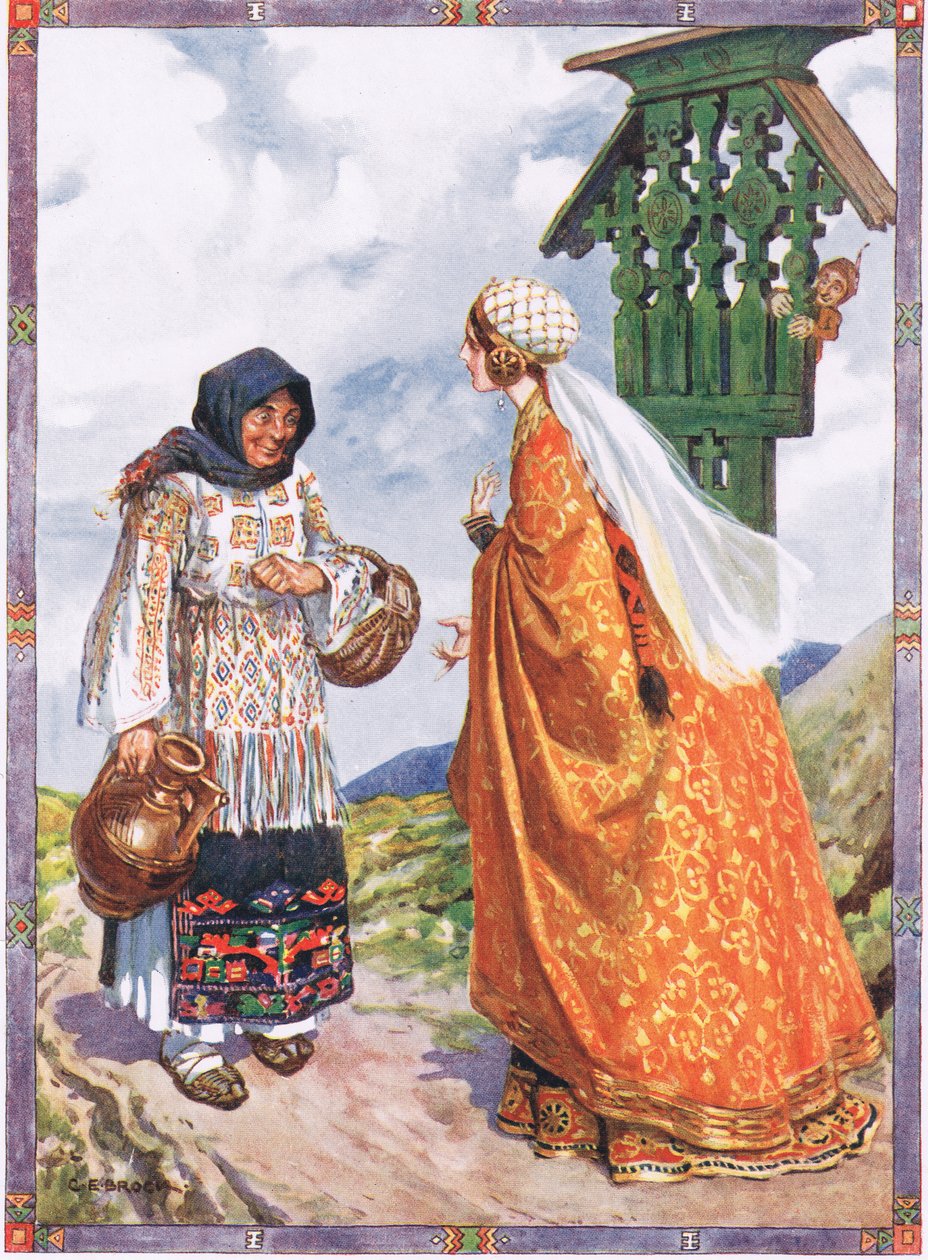 Prinsessa... pyysi häntä vaihtamaan talonpoikien vaatteet kuninkaallisiin vaatteisiinsa, kohtaus Moses Gasterin (1856-1939) lastentarinoista "Onnea ja huonoa onnea" 1921 (väri) tekijältä Charles Edmund Brock