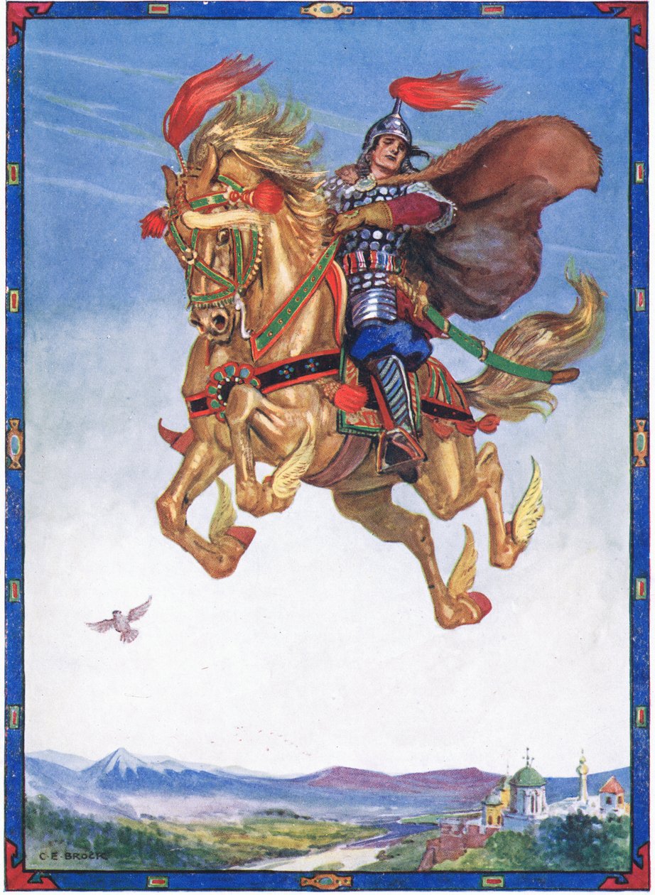 Hevonen lensi ilmassa, kohtaus Moses Gasterin (1856-1939) lastentarinoista The Knight of Flowers in Romanian Legends 1921 tekijältä Charles Edmund Brock