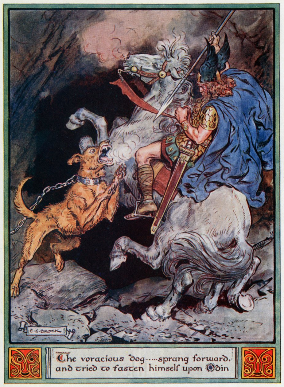 "Ahne koira... hyppäsi eteenpäin ja yritti kiinnittää itsensä Odiniin", kuvitus teoksesta "Asgardin sankarit, tarinoita skandinavian mytologiasta", A und E Keary, 1930 tekijältä Charles Edmund Brock