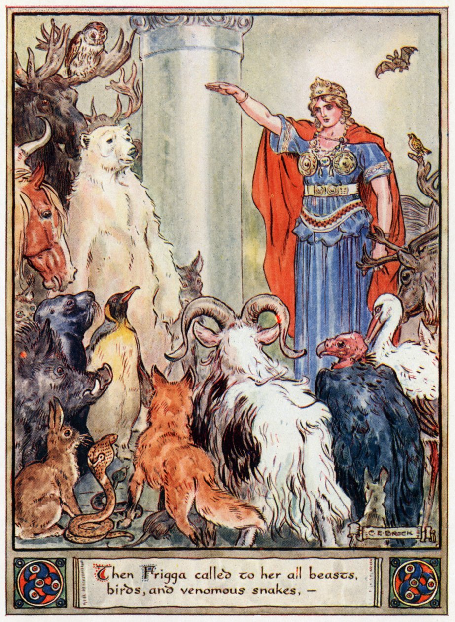 "Sitten Frigga kutsui luokseen kaikki pedot, linnut ja myrkylliset käärmeet", kuvitus A und E Kearyn teoksesta "Asgardin sankarit, tarinoita skandinaavisesta mytologiasta", 1930 tekijältä Charles Edmund Brock
