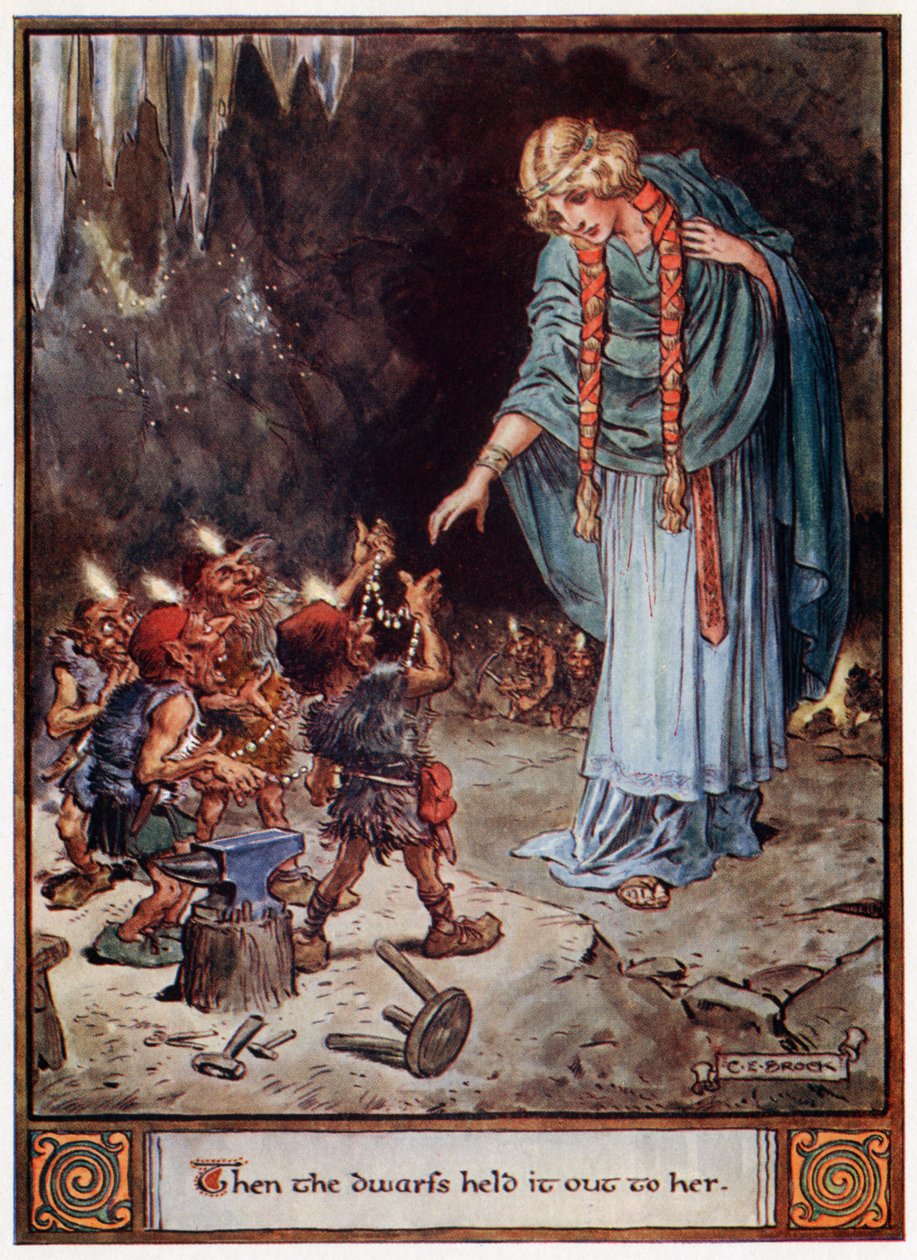 "Sitten kääpiöt ojensivat sen hänelle", kuvitus teoksesta "Asgardin sankarit, tarinoita skandinaavisesta mytologiasta", A und E Keary, 1930 tekijältä Charles Edmund Brock