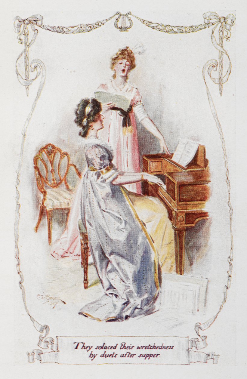 "He rauhoittivat kurjuuttaan duetoilla illallisen jälkeen", kuvitus Jane Austenin teoksesta "Ylpeys ja ennakkoluulo" (värilitho) tekijältä Charles Edmund Brock