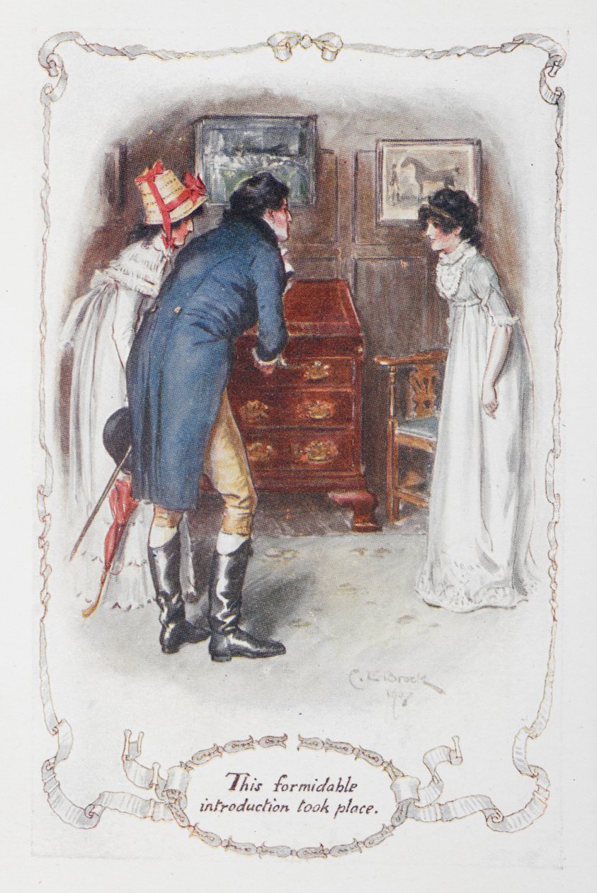 Tämä mahtava esittely tapahtui", Georgina Darcy ja hänen veljensä Fitzwilliam Darcy, Elizabeth Bennet, kuvitus Jane Austenin teokseen "Ylpeys ja ennakkoluulo" tekijältä Charles Edmund Brock