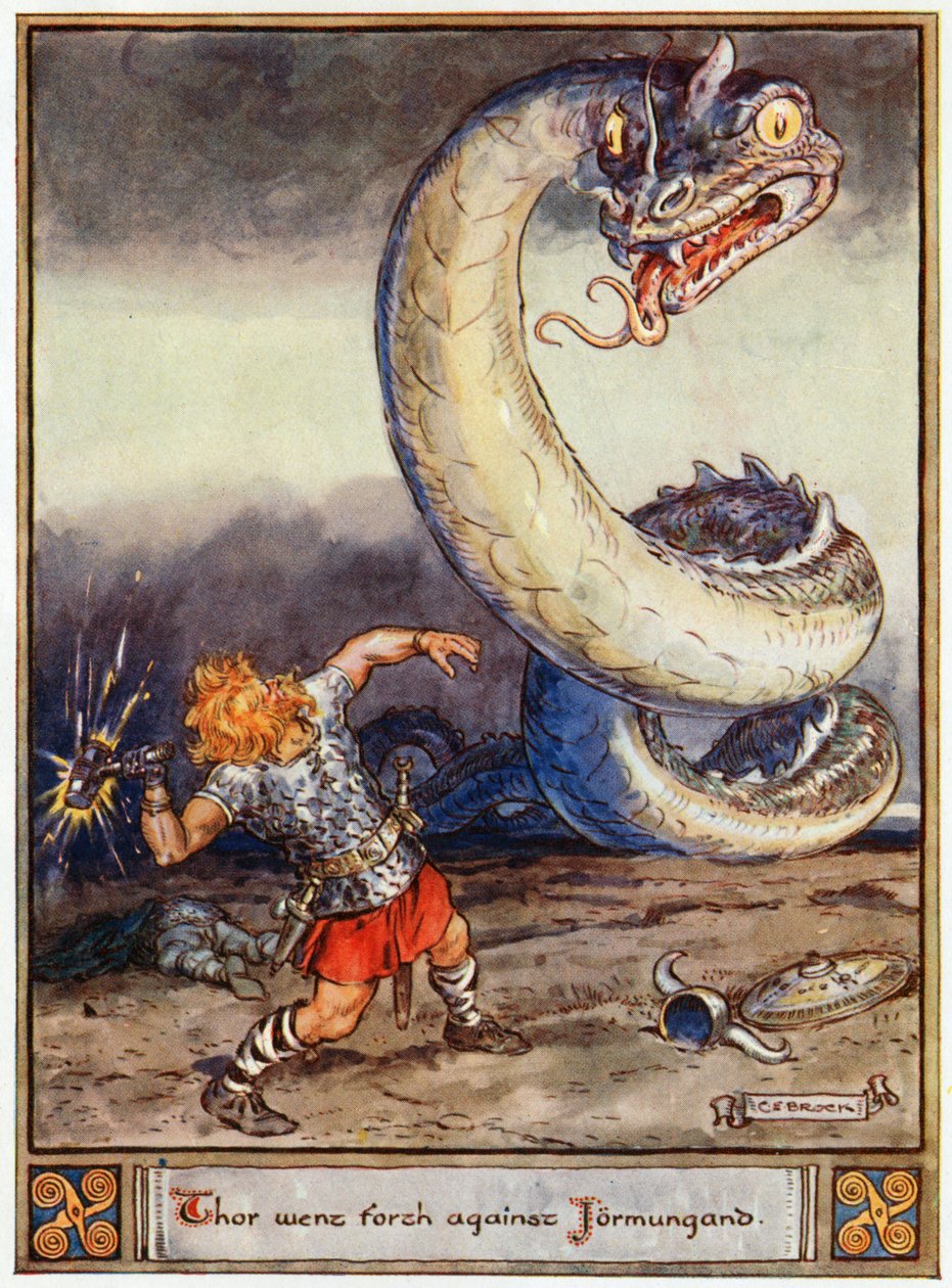 "Thor meni Jormungandia vastaan", kuvitus teoksesta "Asgardin sankarit, tarinoita Scandinavian Mythologysta", kirjoittanut A und E Keary, 1930 tekijältä Charles Edmund Brock
