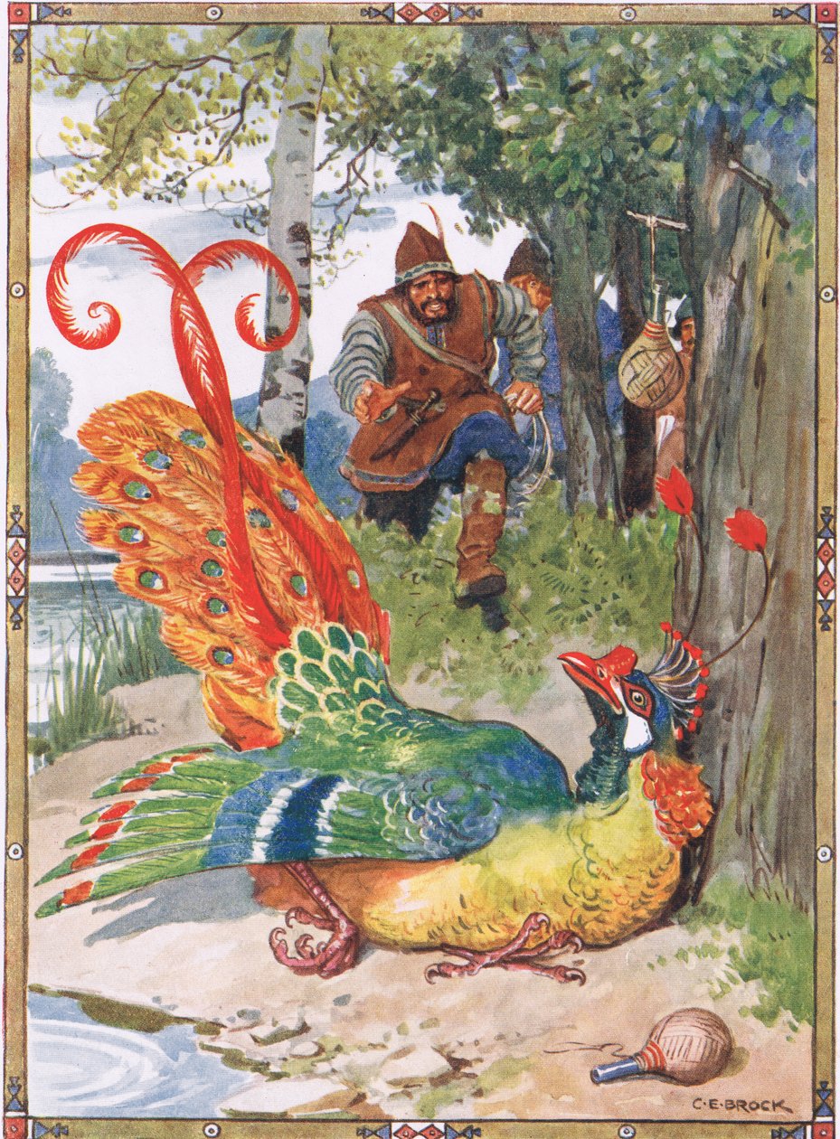 Kun hän yritti lentää, hänen siipiensä oli liian painavia, kohtaus Moses Gasterin (1856-1939) lastentarinoista The Knight of Flowers in Romanian Legends 1921. tekijältä Charles Edmund Brock