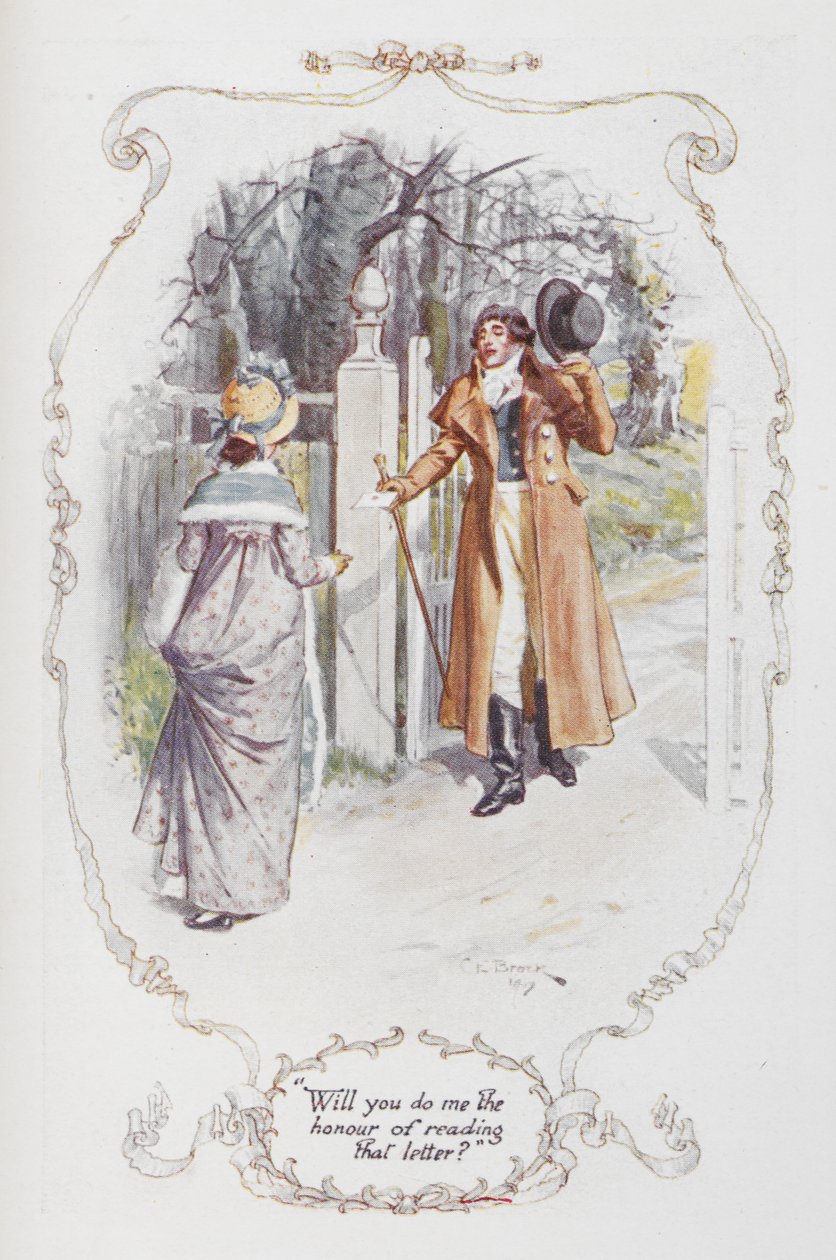 "Aiotteko antaa minulle kunnian lukea tuo kirje?", kuvitus Jane Austenin teokseen "Ylpeys ja ennakkoluulo" tekijältä Charles Edmund Brock