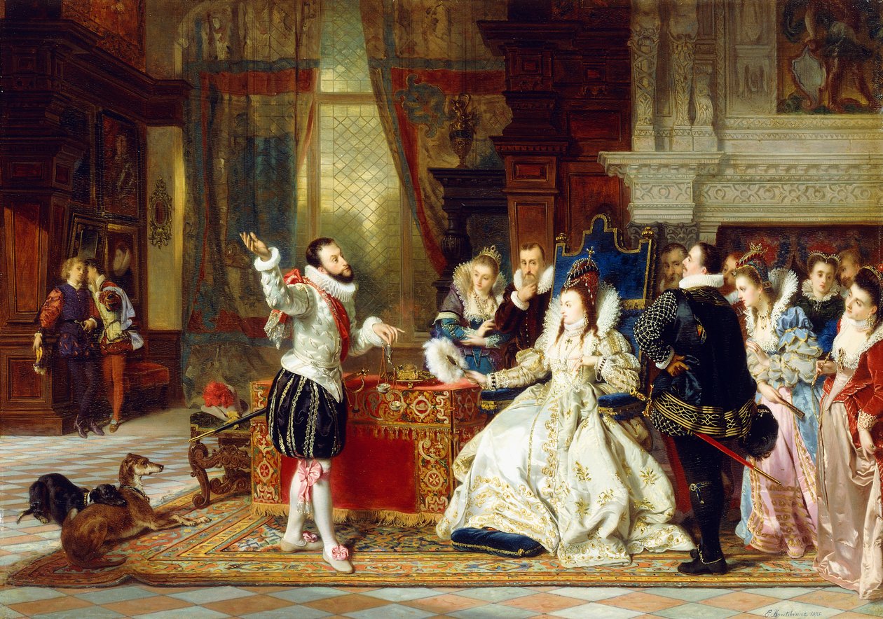Sir Walter Raleigh ja kuningatar Elizabeth, 1875 tekijältä Charles Edouard Boutibonne