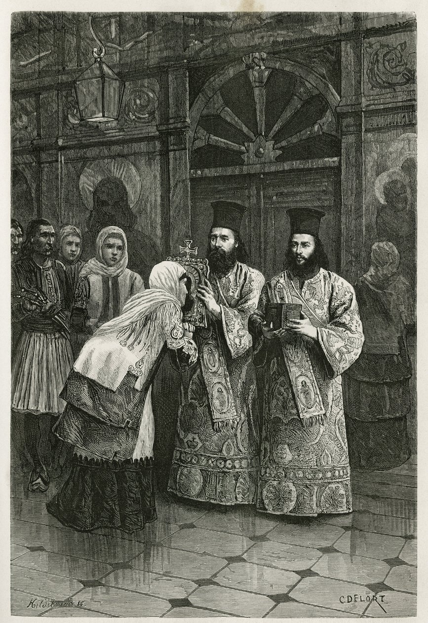 Pritres suutelemassa pyhiä kuvia, Ch.Delortin kaiverrus havainnollistamaan Henri Bellen matkaa Kreikkaan vuosina 1861, 1868 ja 1874, julkaistu tour du monde -lehdessä Edouard Chartonin johdolla. tekijältä Charles Edouard Delort