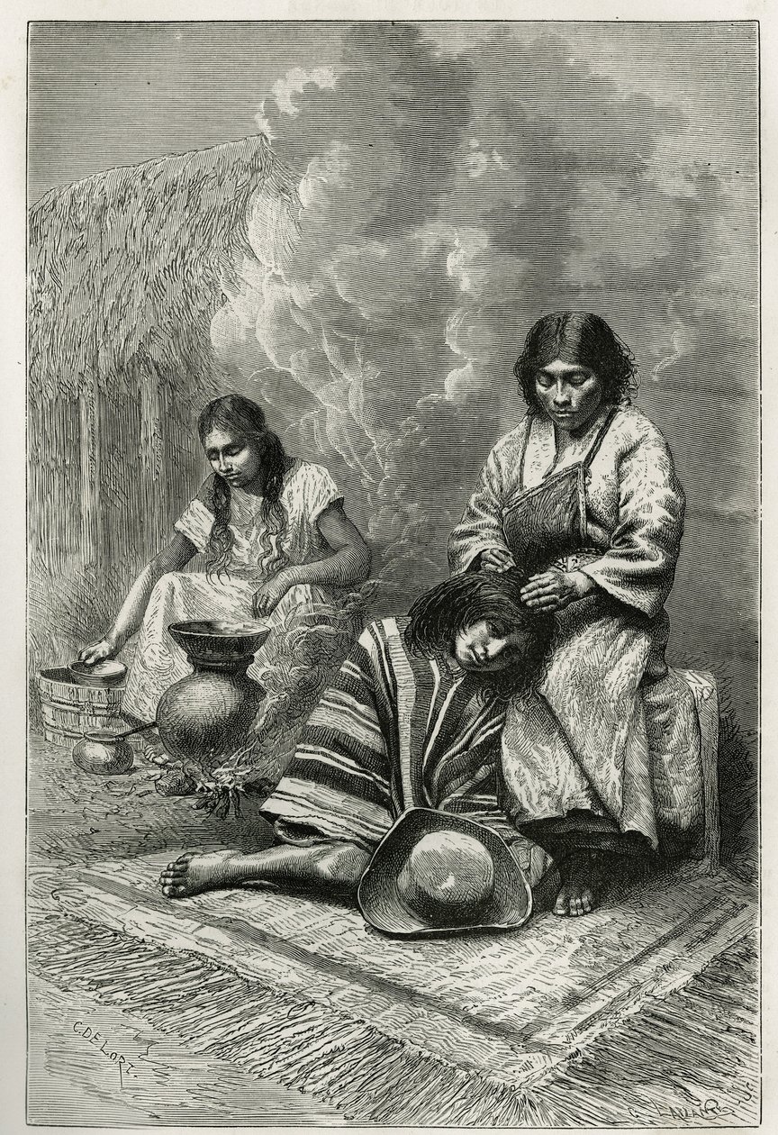 Lapsen pilaaminen äidin toimesta ja ruoko eau de vie (rommin) valmistus lähellä Calia (Cauca Valley, Kolumbia), Ch.Delortin kaiverrus havainnollistamaan E.Andren tarinaa Equinoxiale Americasta, lähetystyön lähettäjä Ranskan hallitus julkaisi tekijältä Charles Edouard Delort