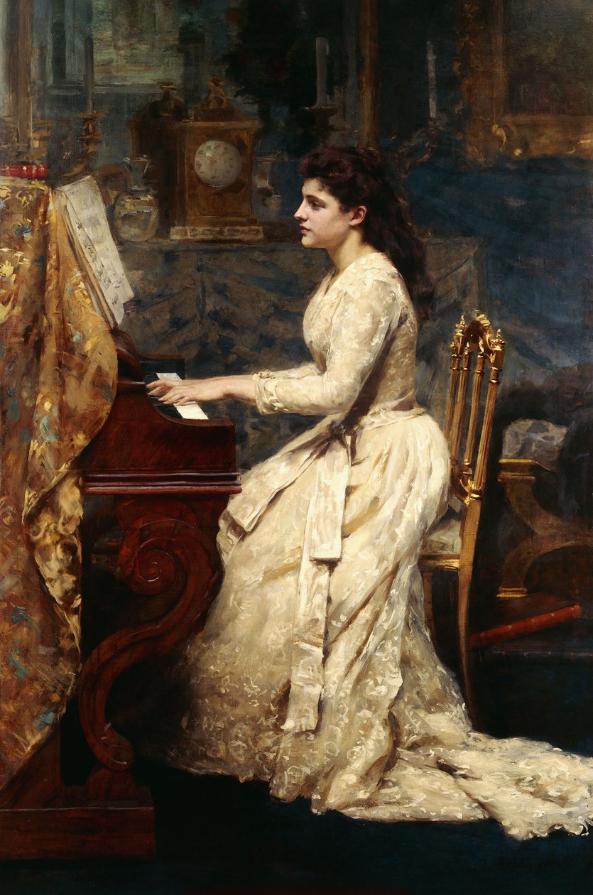 Nuori tyttö soittaa pianoa, 1891 tekijältä Charles Edouard de Beaumont