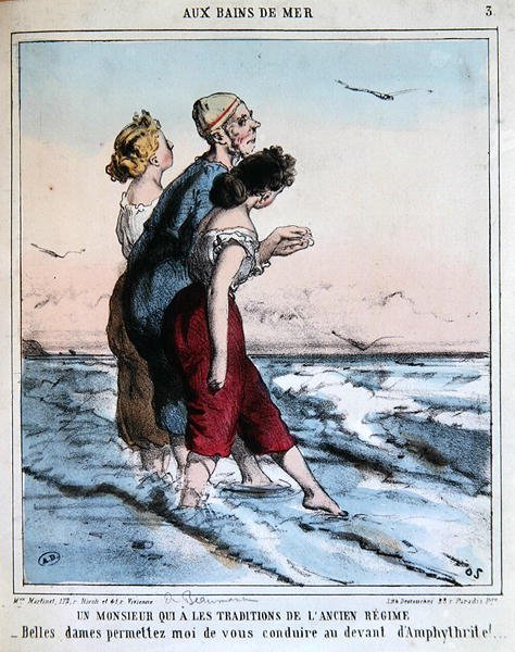 Perinteinen mies saattamassa kahta nuorta naista uimaan mereen, n. 1850-70 (väri litho) tekijältä Charles Edouard de Beaumont