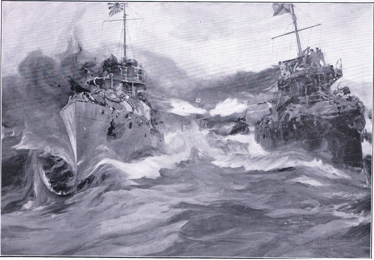 Taistelu hävittäjien välillä, kuvitus Cassells Historia of the Russian-Japanese War, Vol 1, n. 1900 tekijältä Charles Edward Dixon