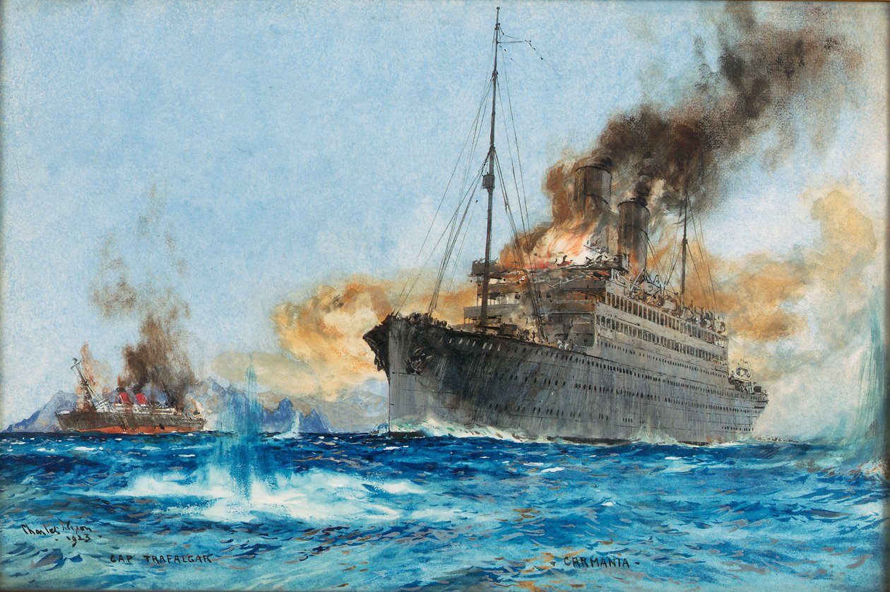 Carmania upottaa Cap Trafalgarin Trinidaden edustalla Etelä-Atlantilla. tekijältä Charles Edward Dixon
