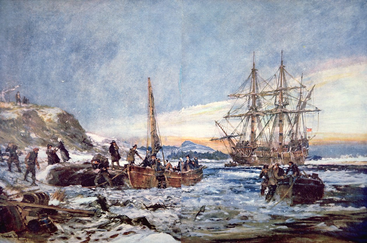 Desembarcament dels Pilgrim Fathers a Plymouth, Nova Anglaterra el 1620 (aquarel·la sobre paper) finlandès tekijältä Charles Edward Dixon
