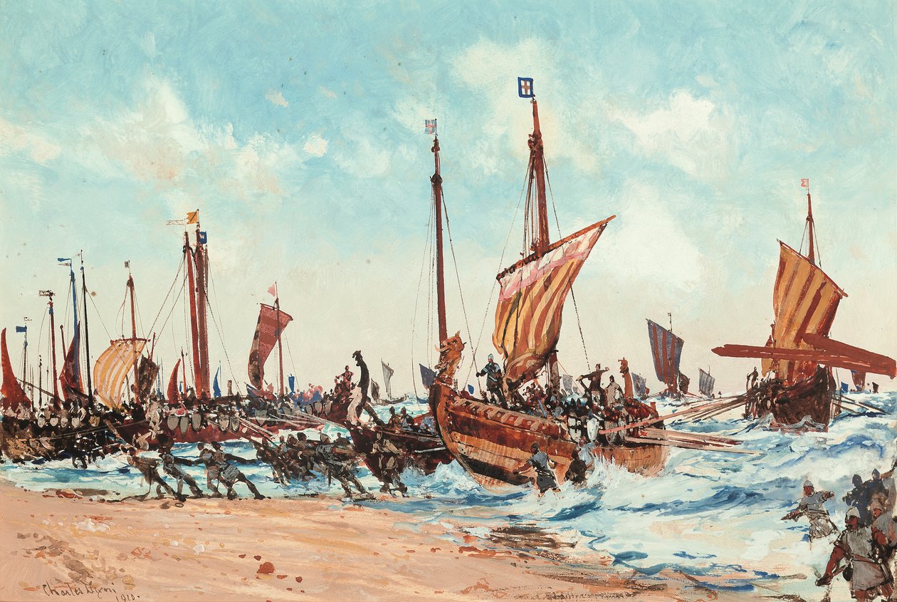 William Valloittajan maihinnousu Hastingsissa 28. syyskuuta 1066 tekijältä Charles Edward Dixon