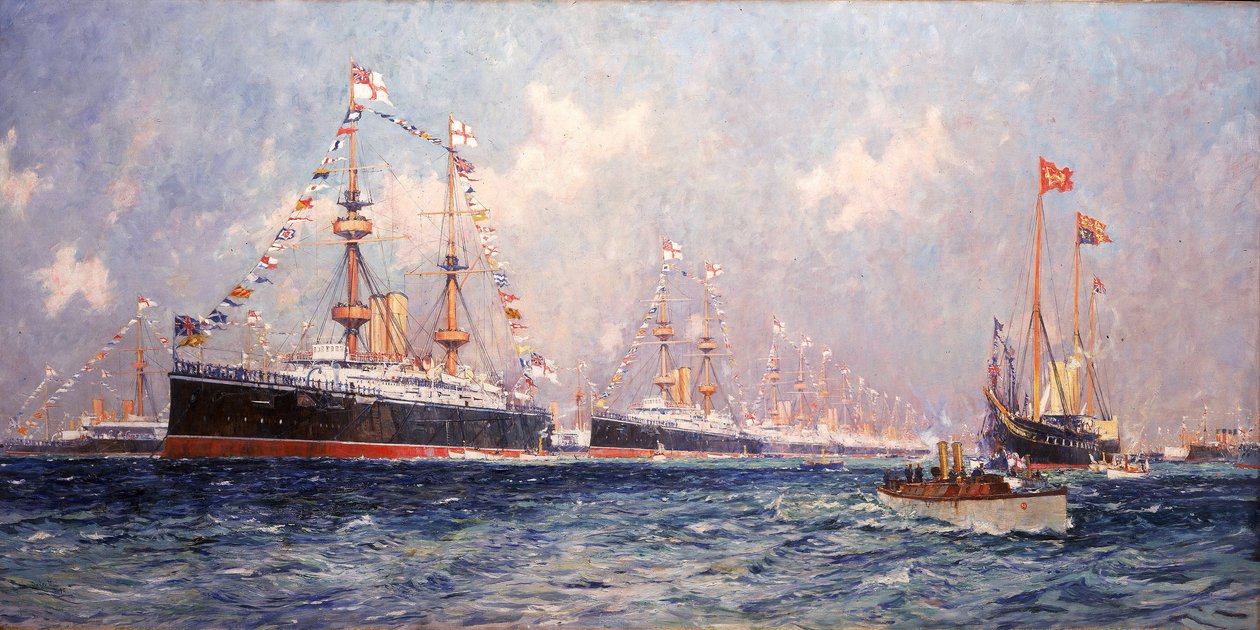 Lehti kuningatar Victorian (1819-1901) timanttisen juhlavuoden aikana Spitheadissa (Englanti) 26. kesäkuuta 1897. tekijältä Charles Edward Dixon