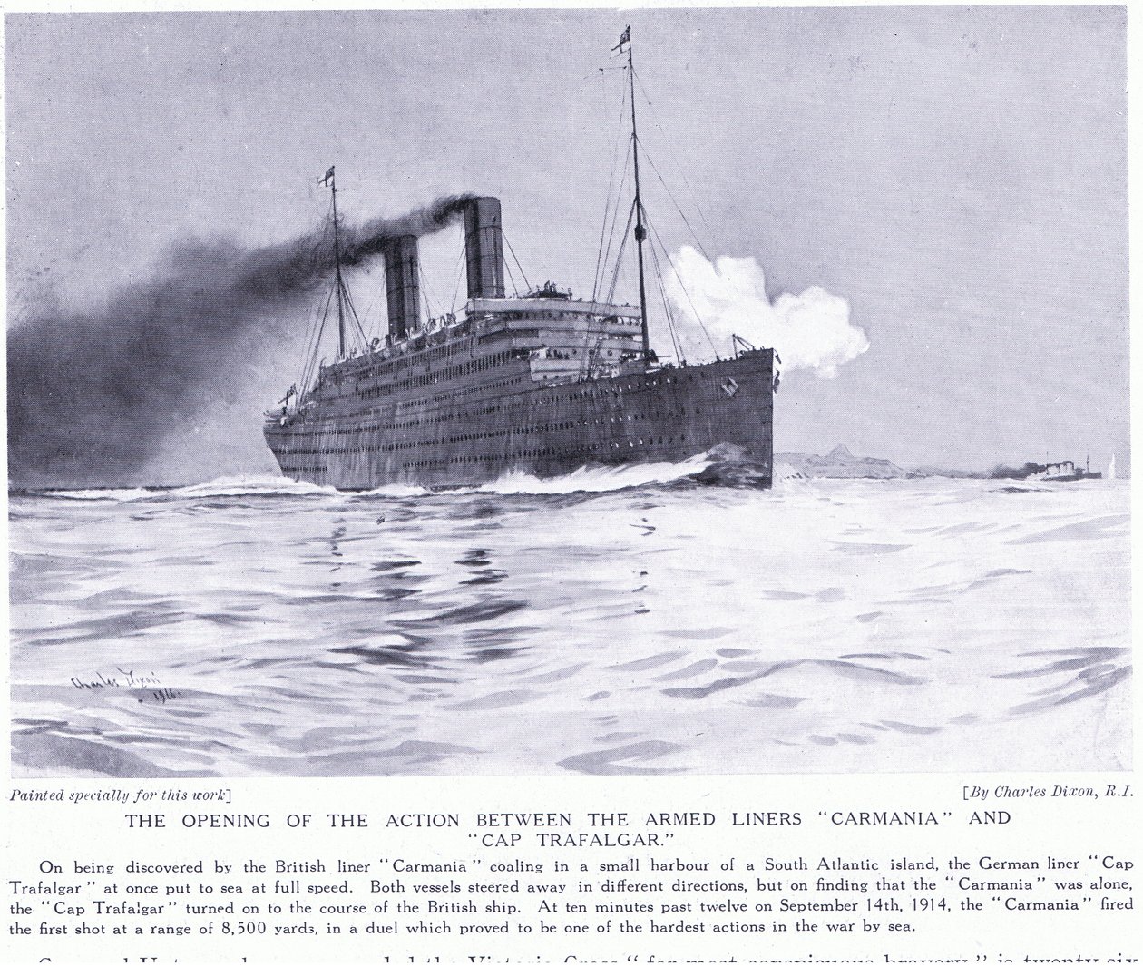 Carmania- ja Cap Trafalgar -alusten välinen alkutaistelu, Etelä-Atlantti, syyskuu 1915. tekijältä Charles Edward Dixon