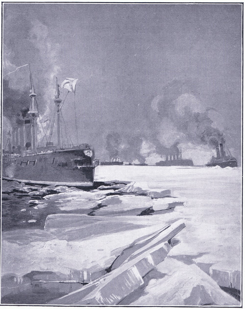 Vladivostokin laivue pakottaa itsensä jään läpi ulos Vladivostokin satamasta, kuva Cassellsin Venäjän ja Japanin sodan historiasta Vol 1, n. 1900 tekijältä Charles Edward Dixon