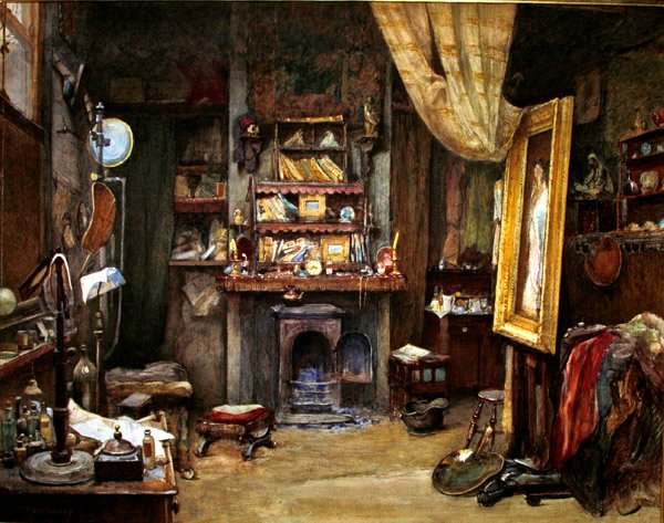 Taiteilijan studio (akvarelli vartalovärillä paperille) tekijältä Charles Edward Holloway