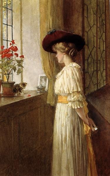 rouva C A Smith, kissanpentu ja geranium (akvarelli paperille) tekijältä Charles Edward Wilson