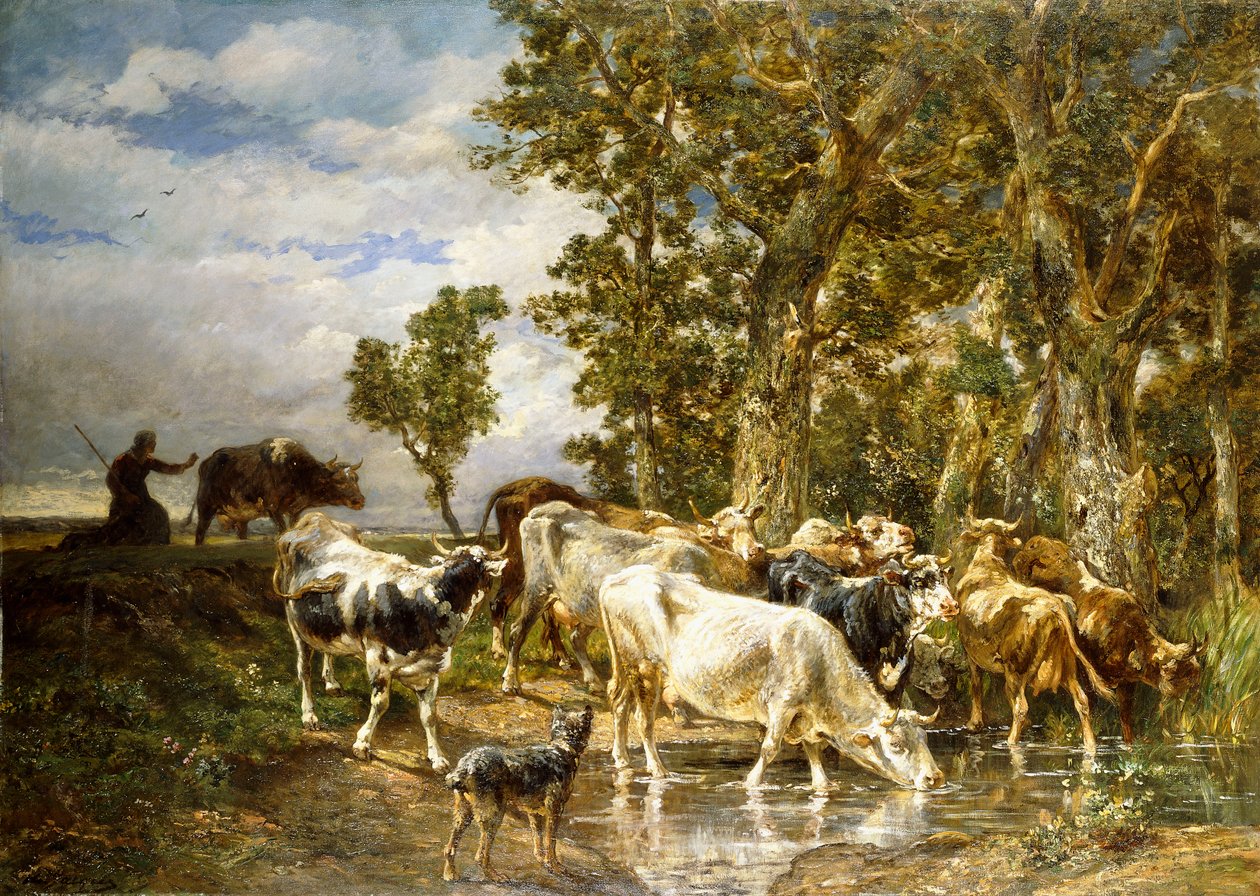 Lehmälauma juoma-altaalla, tekijältä Charles Emile Jacque
