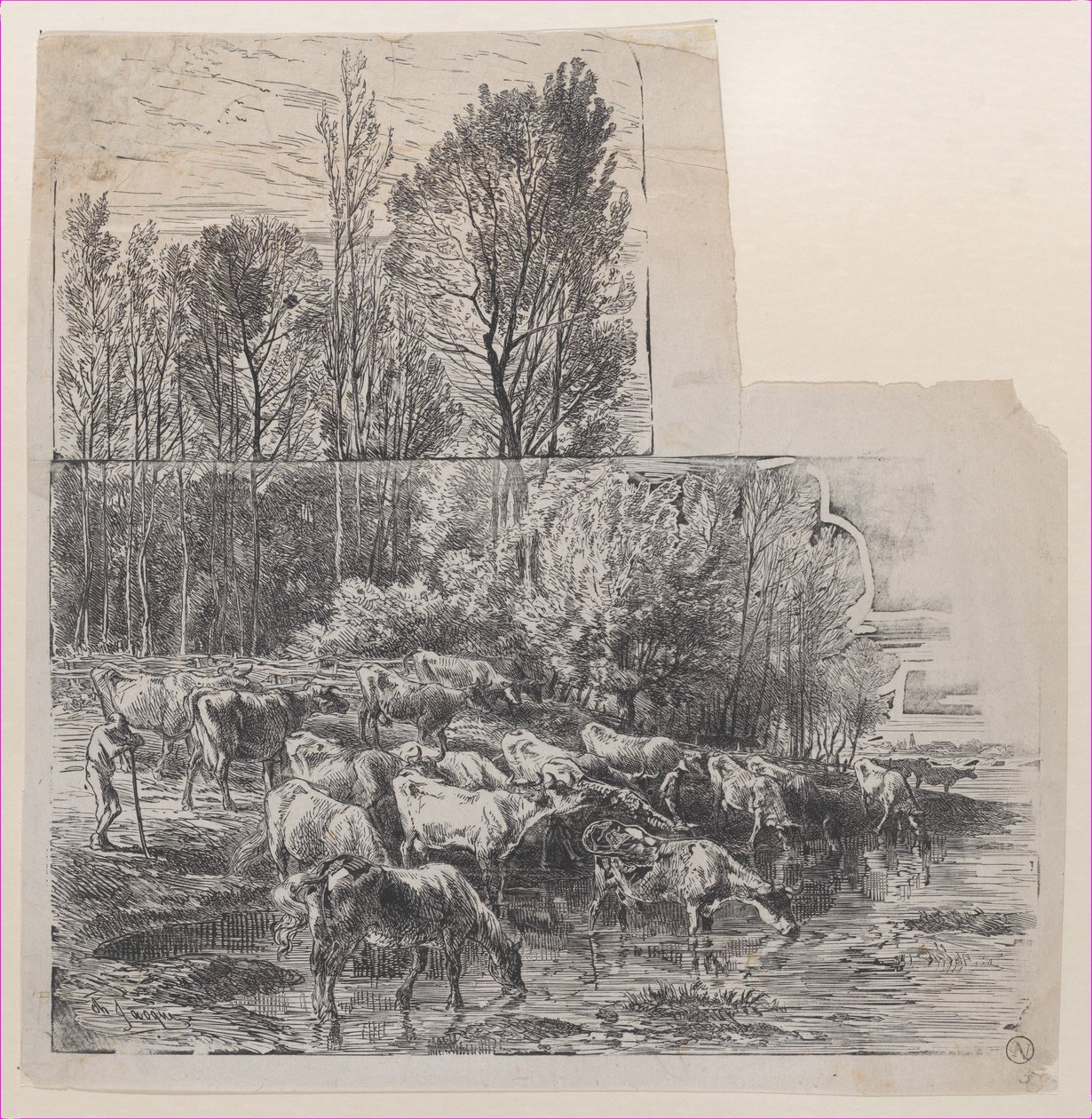 Paimen ja karja Fordissa, n. 1850. tekijältä Charles Emile Jacque