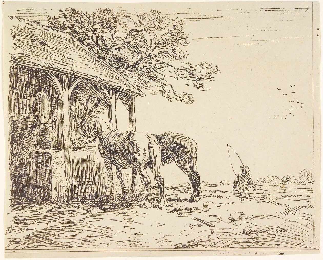 Hevoset tallilla, 1800-luku (kliseeverre tai heliografi) tekijältä Charles Emile Jacque