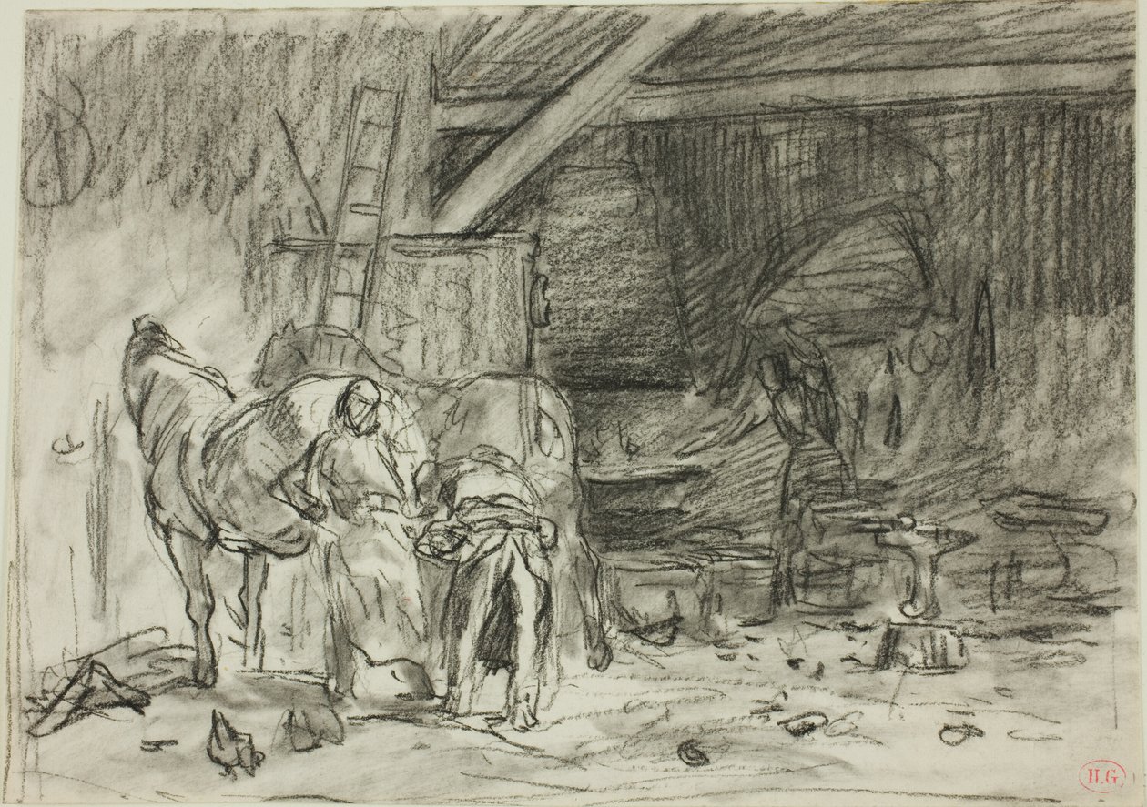 Sepänverstaan sisätilat (etusivu); mies kumartuneena, lukupuolelta katsottuna (kääntöpuoli). tekijältä Charles Emile Jacque