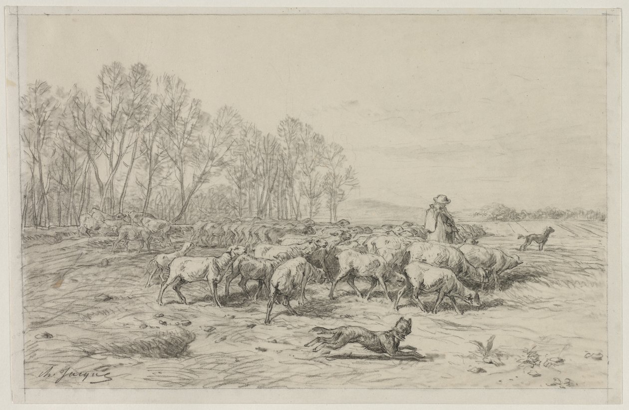 Maisema lammaslauman kanssa, 1800-luku. tekijältä Charles Emile Jacque