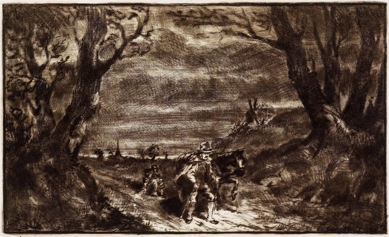 Mies johtava hevonen, 1800-luku (etsaus, kuivakärki ja ruletti) tekijältä Charles Emile Jacque