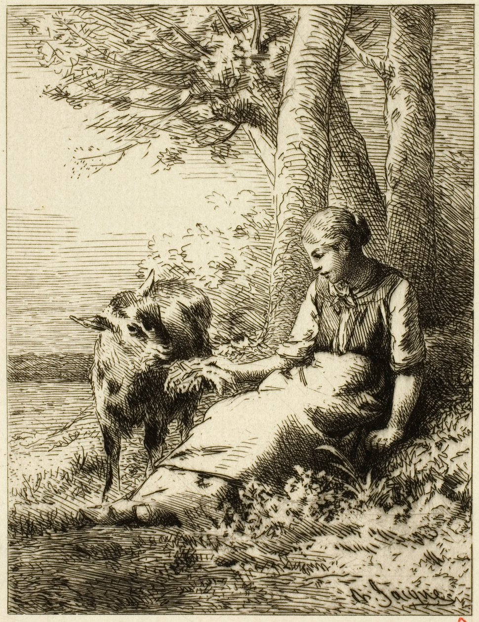 Paimen lammaslauman kanssa Woodin reunalla tekijältä Charles Emile Jacque