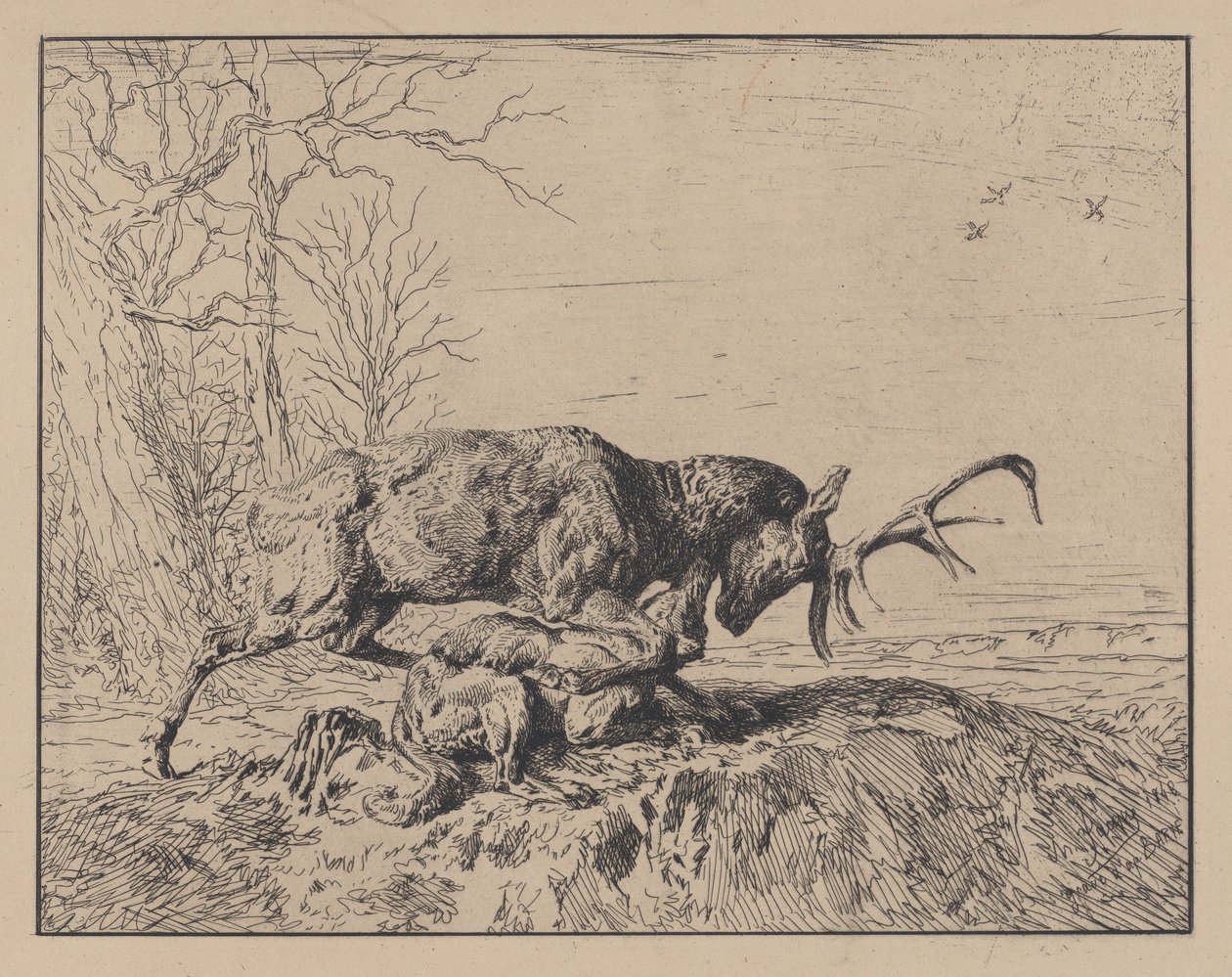 Polttarit taistelevat susia vastaan Antoine Louis Baryen mukaan, 1846. tekijältä Charles Emile Jacque