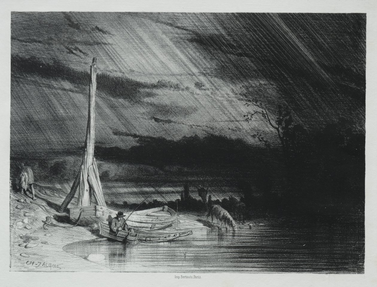 Kalastaja, sateinen sää tekijältä Charles Emile Jacque