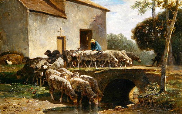 The Flock Leaving (öljy paneelissa) tekijältä Charles Emile Jacque