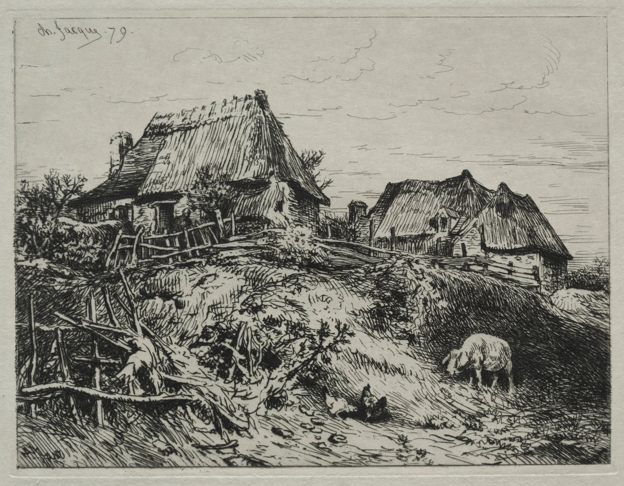 Kaksi mökkiä pankin päällä, 1879. tekijältä Charles Emile Jacque