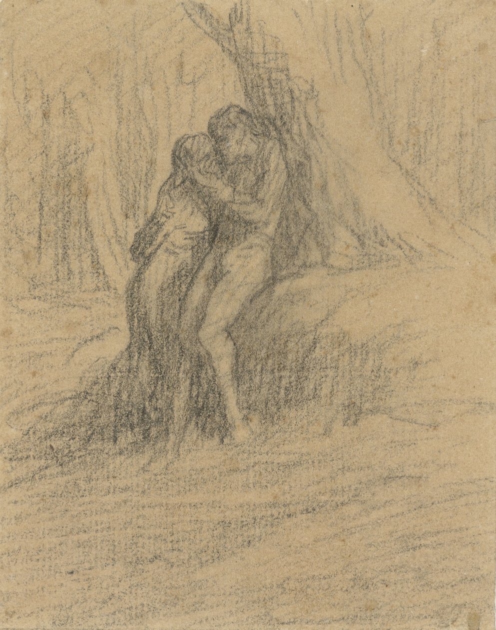 Maanviljelijäpari rakastelemassa raskaan puun alla tekijältä Charles Emile Jacque